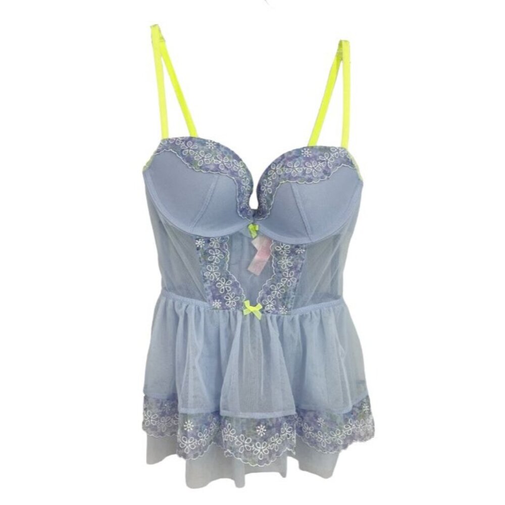 Victoria's‎ Secret Light Purple Floral Mesh Lace Corset Babydoll Lingerie - 34B
